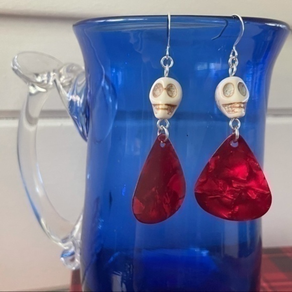 2/$29 Handmade Red Guitar Pick Skull Dangle Earrings Upcycled Metal Rock Goth